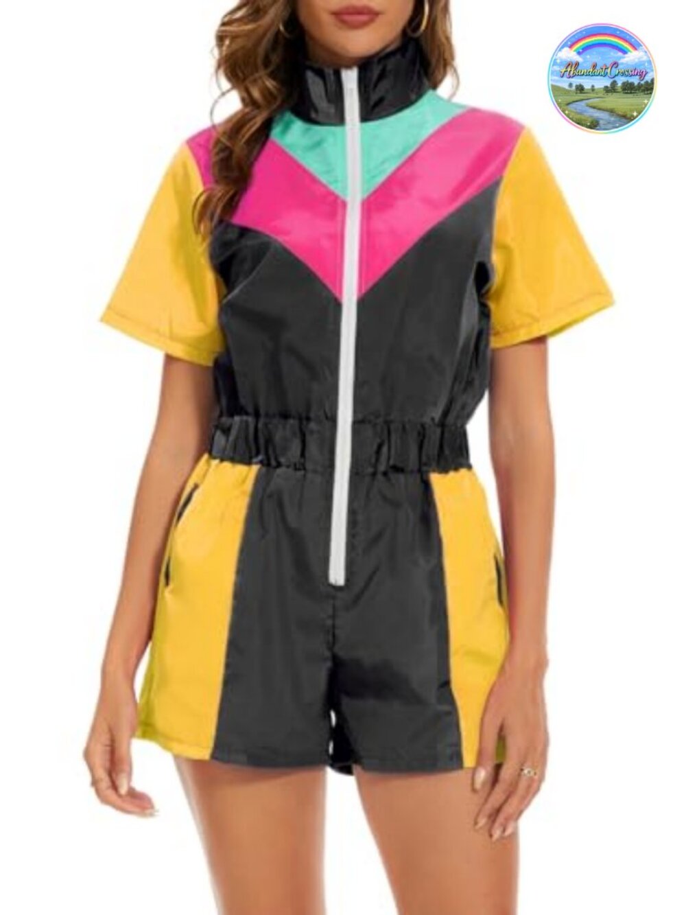 Yisfri One Piece Jumpsuit Short Sleeve Zip Front Elastic Waist Overall